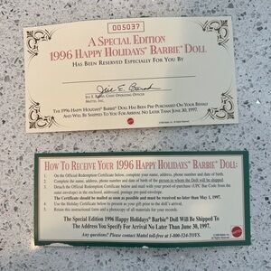 Vintage Barbie Collector Item - 1996 Happy Holidays Barbie Certificate Set